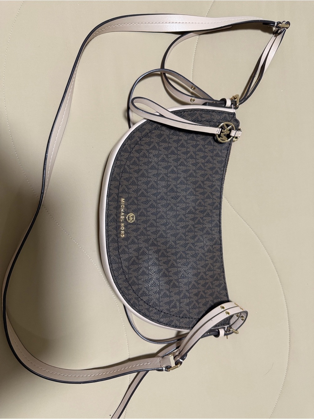 Michael Kors Brown Logo Crescent Crossbody with Pink Trim and Gold Hardware